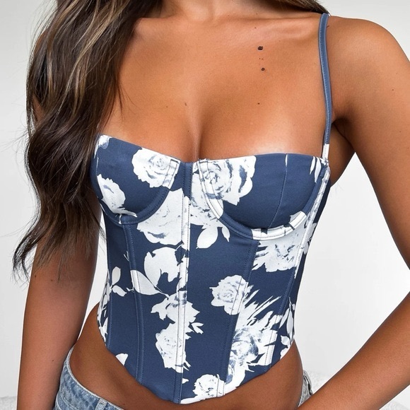 White Fox Boutique Tops - White Fox In The Morning Bustier Navy Rose floral spaghetti straps XS NWT